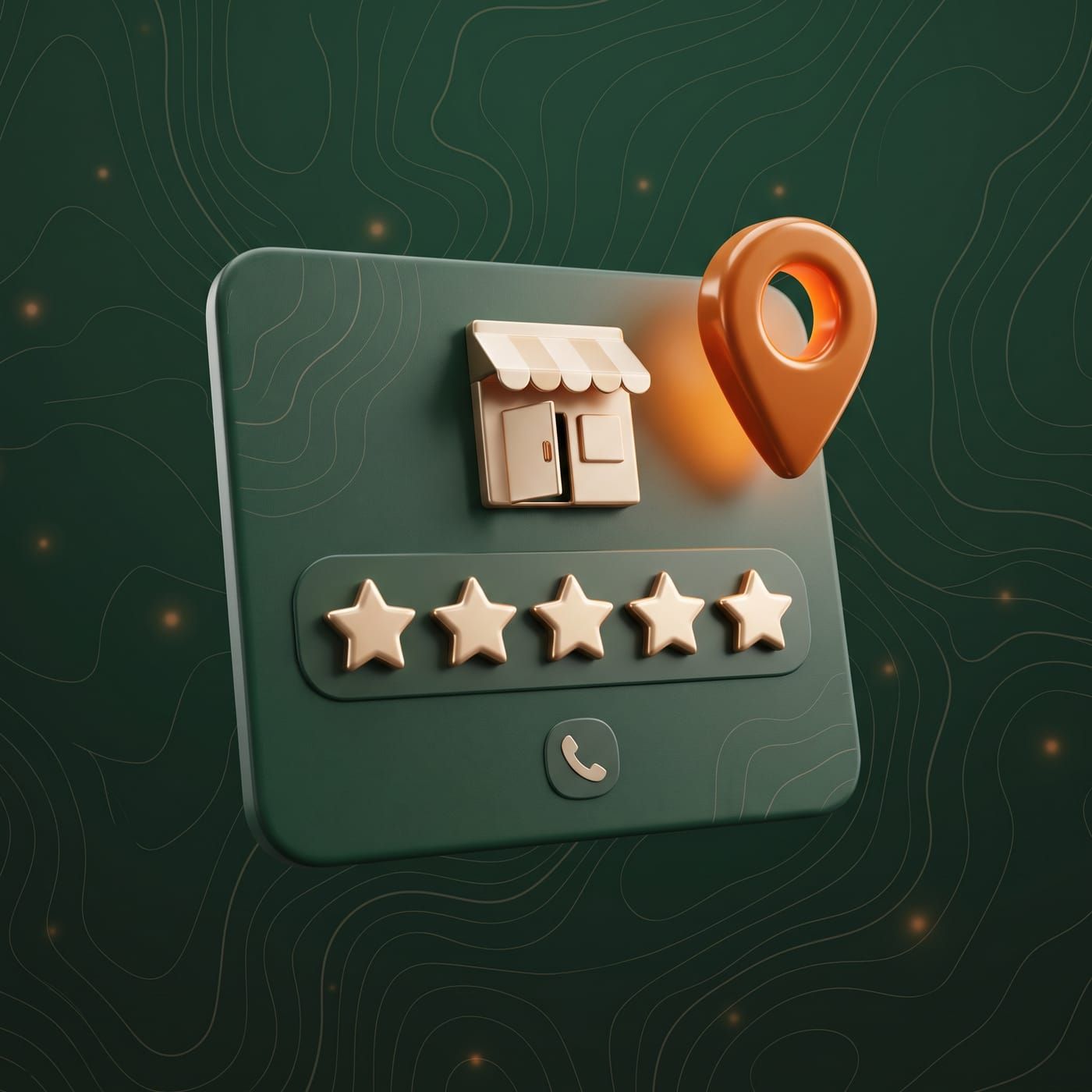 A 3D Google Business Profile card with a five-star rating, a storefront and an orange location pin on a green topographic background — the reputation signals customers judge a business on.