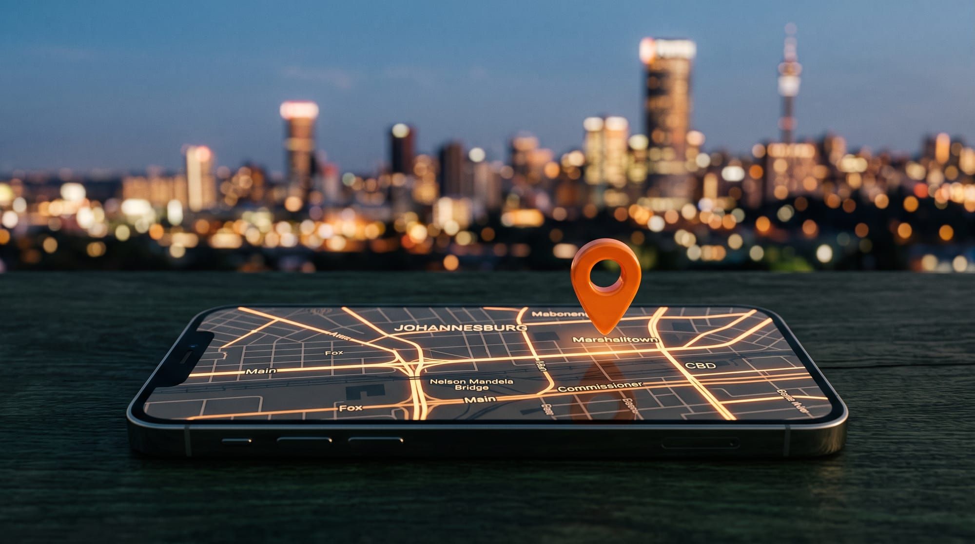 Johannesburg city skyline at dusk behind a phone showing a street map of the CBD with a glowing orange location pin — local search puts your business on the map.