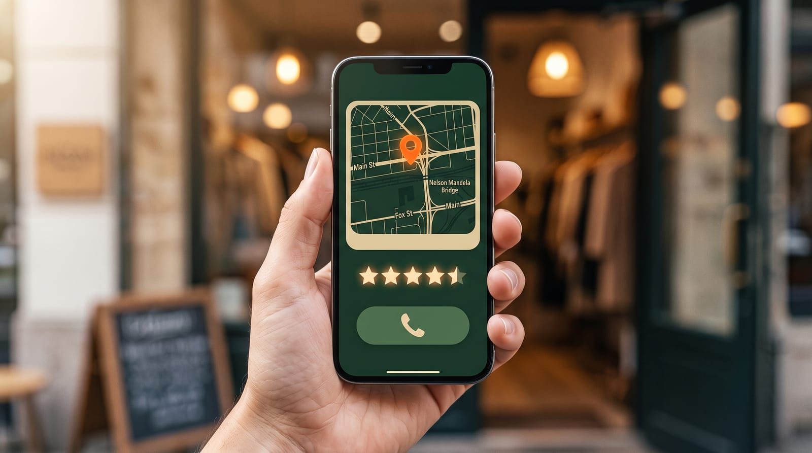 A hand holding a phone outside a shop, showing a Google Business Profile with a map, star rating and a call button — how customers find and choose a local business.