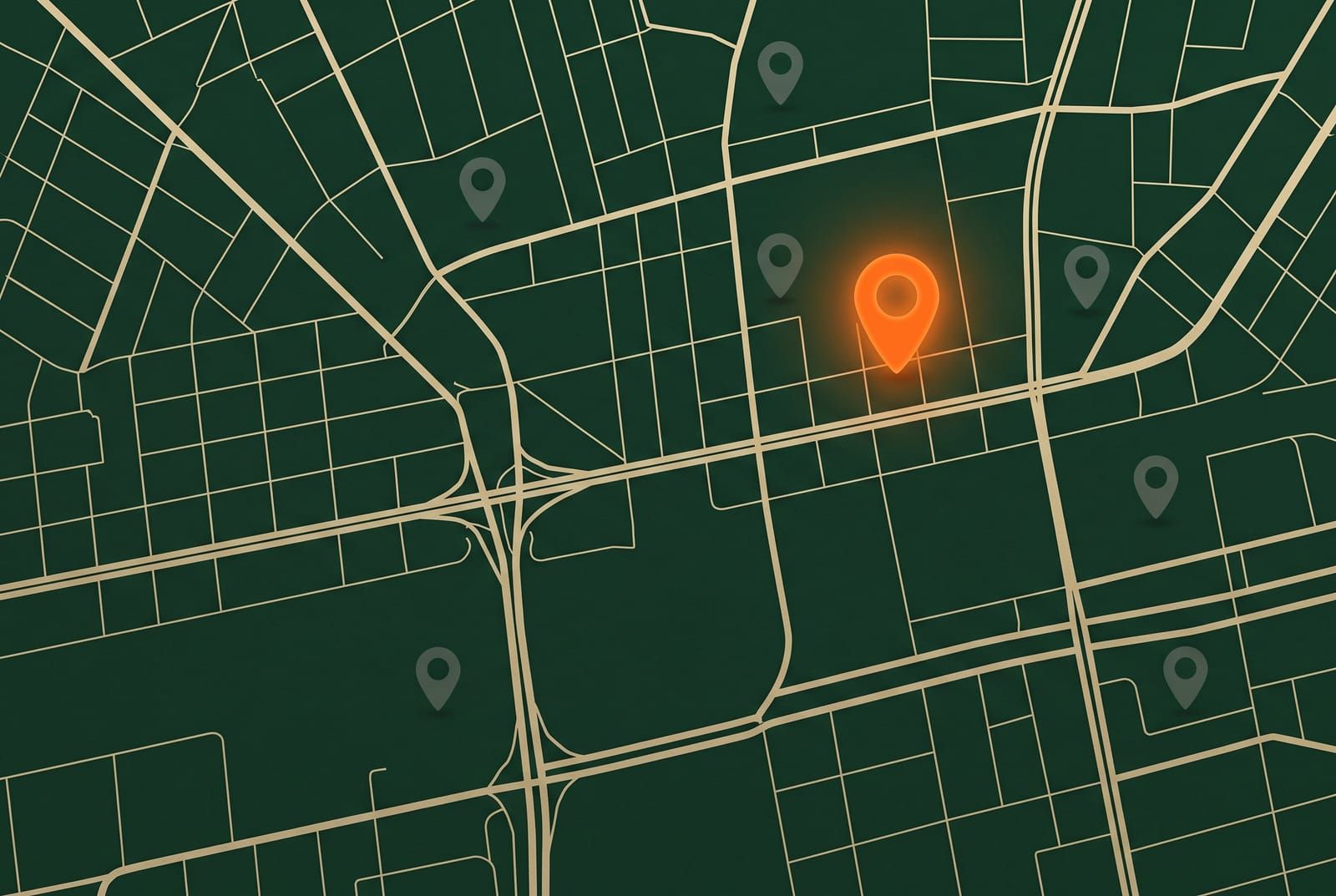 A street map with one orange location pin lit up among dim, unlit pins — most nearby businesses stay invisible while one gets found.